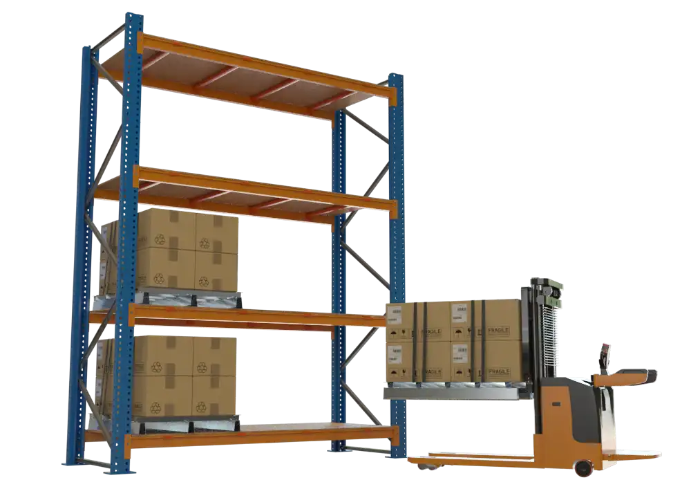 Pallet PallKit en rack de almacén, manipulado por un autoelevador